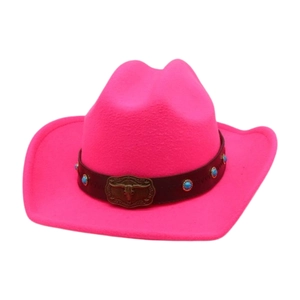 Hot pink western cowboy hat with vintage bull head buckle and turquoise bead trim