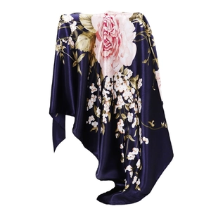 Deep purple silk square scarf featuring realistic pink roses and white floral clusters