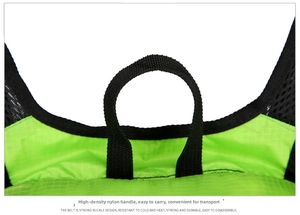 Detail of high-density nylon handle and durable tear-resistant green plaid fabric