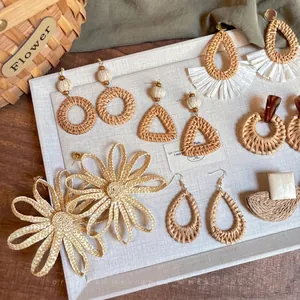 Bohemian Woven Drop Earrings With Raffia Rattan Wood Resin Silver Earring Post Summer Beach Vacation Jewelry For Women
