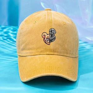 Vintage mustard yellow washed cotton baseball cap with creative bear print for outdoors