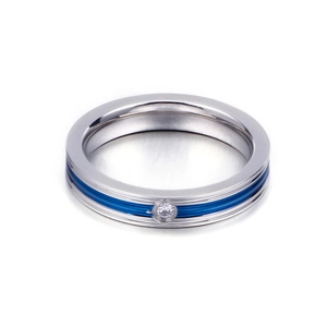 Polished silver titanium steel ring with thin blue enamel inlay and a sparkling white zircon