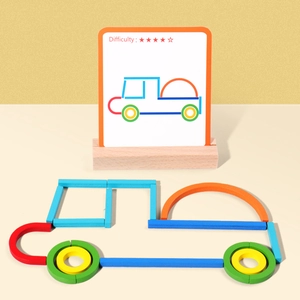 Educational wooden puzzle blocks for kids featuring colorful geometric shapes and a challenge card