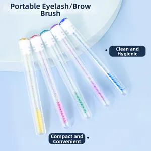 Detailed view of 5 colorful portable eyelash and eyebrow brushes in dustproof tubes