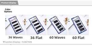 Detail of black wave and straight bobby pins organized on blue display cards