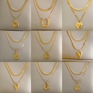 Collana A Strati In Acciaio Inossidabile Catena A Serpente Piatta Ciondolo Cuore Rosa Colore Oro Argento Gioielli Di Tendenza