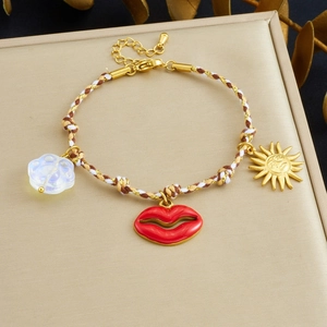Handmade Woven Rope Bracelet With Stainless Steel Red Lips Sun Pendants Bohemian Fashion Jewelry For Women