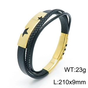Macro detail of multilayer black leather bracelet with gold star studs and 210x9mm specs