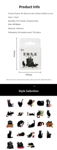 Detail view of 46pcs black cat themed stickers with various cute cartoon illustrations