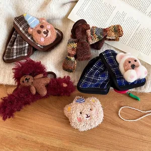 Winter plush bow hair claw set with cute acrylic bears and plaid fabric hair accessories