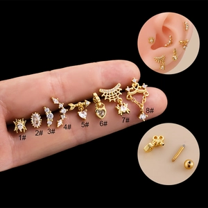 Stainless Steel Copper Zircon Ear Cartilage Nail Stud Piercing Jewelry Heart Spider Web Screw Back For Women