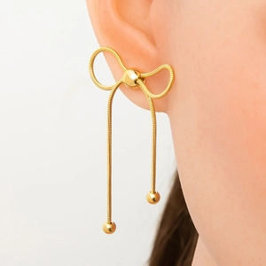Elegant 18k gold plated stainless steel bow earrings with hanging snake chain and beads