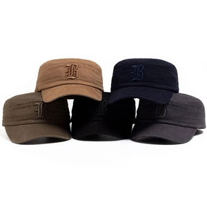 Men's cotton flat top cadet caps with 'B' embroidery in five various washed colors