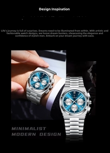 Detail of blue sunray dial chronograph watch with octagonal bezel and steel strap