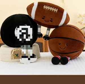 Detailed view of plush football and basketball toys with creative personified legs