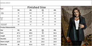 Detailed size chart for plus size women's sequin blazer in CM and INCH measurements