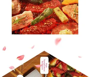 Detail of a heat-resistant silicone BBQ brush shown with grilled meat in a kitchen setting