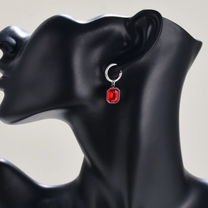 French style stainless steel hoop earrings with red emerald-cut crystal pendant