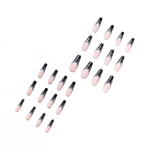 Faux ongles ballerine longs rose avec motifs flammes French noires, ensemble de 24pcs