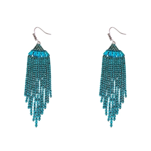 Bohemian style rhinestone fan tassel earrings in turquoise blue with vintage hooks