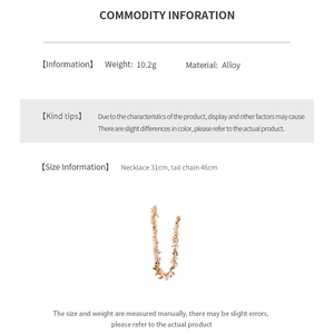 Detailed size and material specs for the golden leaf sequin necklace made of alloy