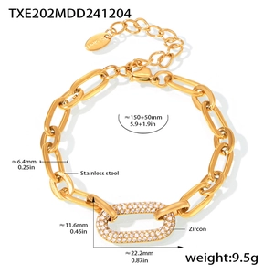 Macro view of gold stainless steel bracelet with zircon inlay and detailed measurements