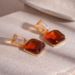 Boucles d'oreilles vintage carrées en cristal avec pierres ambre et champagne