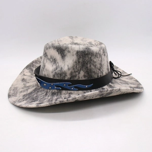 Detailed close-up of a cowboy hat featuring a washed texture and blue star flame emblem