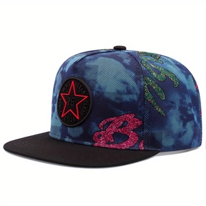 Flat brim baseball cap featuring camouflage patterns and star embroidery at a 45-degree angle