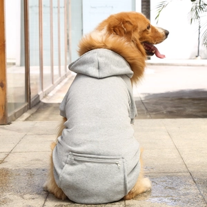 Light gray fleece dog hoodie with pocket and hood shown from behind on a Golden Retriever