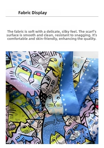 Detail showing the soft silky fabric texture and cat illustration print on the square scarf
