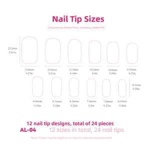 Size chart showing 24 pieces of pearl white gradient press-on nails in 12 various sizes
