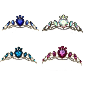 Detail showing four colorful heart crystal crowns with gold alloy bases for girls