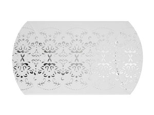 Detailed view of white matte pillow gift box featuring elegant silver foil patterns