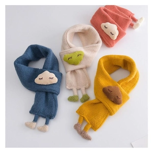 Detail of four colorful knitted baby scarves featuring cute cloud and foot embroidery
