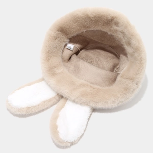 Cute faux fur rabbit ear bucket hat in beige color for winter outdoor warmth