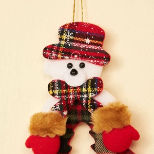 Christmas tree hanging ornament featuring a cute bear doll in colorful tartan plaid fabric