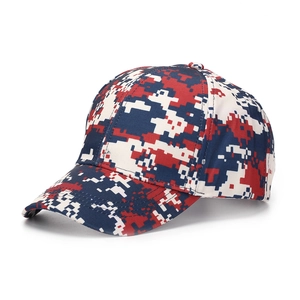 Detail of digital camouflage baseball cap featuring a curved brim and a six-panel crown
