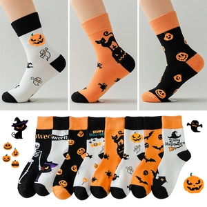 Halloween mid-calf cotton socks featuring festive pumpkin, ghost, and bat patterns