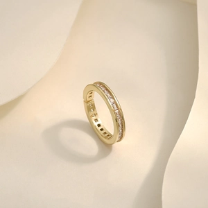 Detailed macro view of an eternity band with channel-set baguette-cut zircons in gold