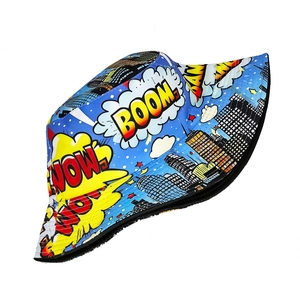 Detailed view of pop art bucket hat featuring comic city prints and boom text
