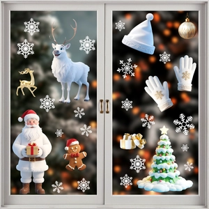 Detail view of festive PVC Christmas window decals with snowflakes and reindeer motifs