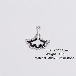 Ginkgo leaf pendant in silver alloy with black enamel and small white rhinestones