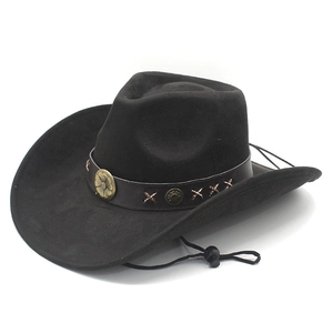 Chapeau De Cow-Boy Occidental Suédine Polyester Large Bord Bande Cuir Vintage Rivets Métalliques Corde Coupe-Vent Réglable