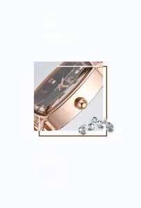Detailed macro view of a rose gold square watch with a diamond-cut mirror and crystal bezel