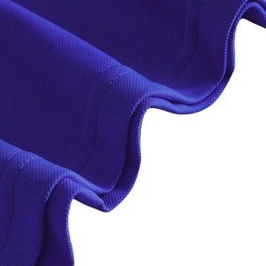 Macro view of breathable dark purple pique polo fabric showing mesh texture and stitching