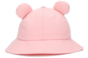 Detail of pink cotton baby bucket hat with cute 3D bear ears and reinforced stitching