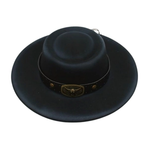 Detail of western wool hat with black leather band and golden bull head buckle