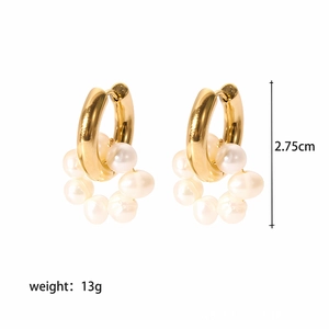 Gold stainless steel hoop earrings with multiple white pearls, 2.75cm size, 13g weight