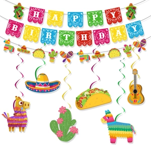 Mexican fiesta birthday party set with Happy Birthday banner and festive colorful swirls